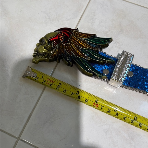 Rhinestone Belt Store Blue Glitter Skull & Feather Winged Buckle Western Belt